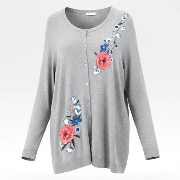 CROFT & BARROW Gray Floral Embroidered Knit Sweater Cardigan New With Tags - Picture 1 of 10
